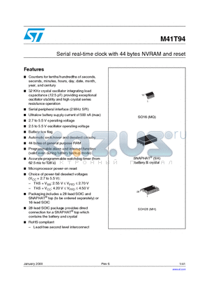 M41T94MH6F datasheet - Serial real-time clock with 44 bytes NVRAM and reset