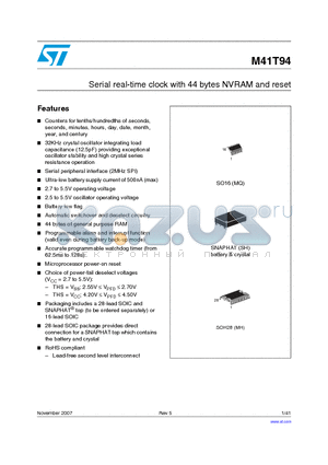 M41T94 datasheet - Serial real-time clock with 44 bytes NVRAM and reset