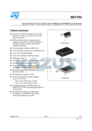 M41T94MH6TR datasheet - Serial Real Time Clock with 44Bytes NVRAM and Reset