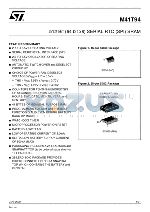 M41T94MQ6 datasheet - 512 Bit 64 bit x8 SERIAL RTC SPI SRAM