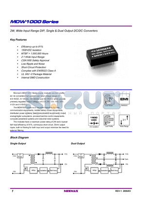 MDW1013 datasheet - 2W, Wide Input Range DIP, Single & Dual Output DC/DC Converters