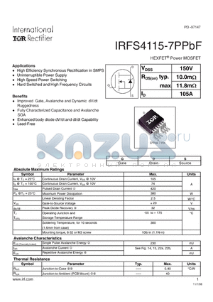 IRFS4115-7PPBF datasheet - HEXFET Power MOSFET