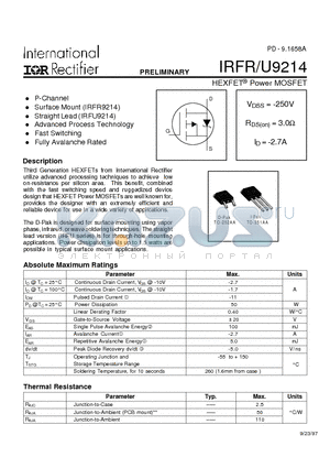 IRFR9214 datasheet - Power MOSFET(Vdss=-250V, Rds(on)=3.0ohm, Id=-2.7A)