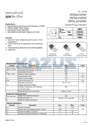 IRFS4310PBF datasheet - HEXFET^Power MOSFET