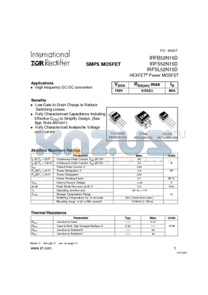 IRFS52N15D datasheet - Power MOSFET(Vdss=150V, Rds(on)max=0.032ohm, Id=50A)