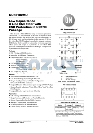 NUF3102MU datasheet - Low Capacitance 3 Line EMI Filter with ESD Protection in UDFN8 Package