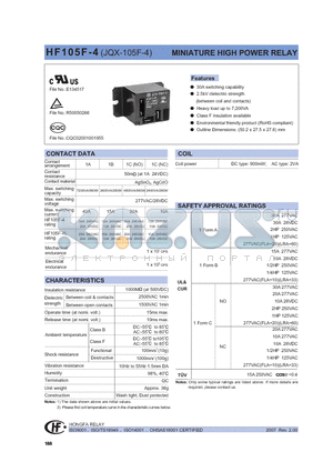 HF105F-4005DK-1ZFXXX datasheet - MINIATURE HIGH POWER RELAY
