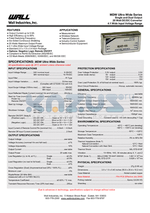 MDW24D15-667 datasheet - Single and Dual Output 20 Watt DC/DC Converter 4:1 Wide Input Voltage Range