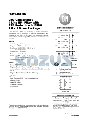 NUF4402MN datasheet - Low Capacitance 4 Line EMI Filter with ESD Protection in DFN8 1.6 x 1.6 mm Package