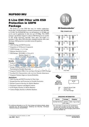 NUF6001MU datasheet - 6 Line EMI Filter with ESD Protection in UDFN Package