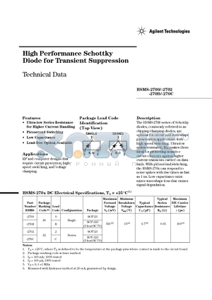 HSMS-2702-TR2 datasheet - High Performance Schottky Diode for Transient Suppression