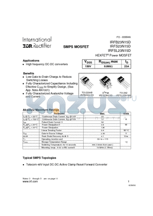 IRFSL23N15D datasheet - Power MOSFET(Vdss=150V, Rds(on)max=0.090ohm, Id=23A)