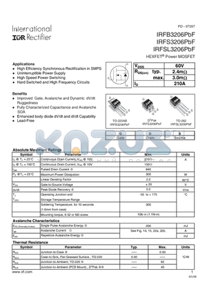 IRFSL3206PBF datasheet - HEXFET Power MOSFET