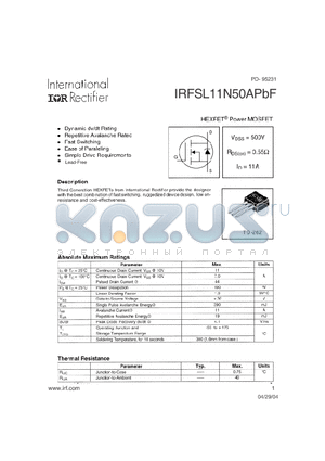 IRFSL11N50APBF datasheet - HEXFET Power MOSFET
