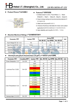 LM-W3-36X36-4P-12V datasheet - Emitted Color: Pure WhiteWarm WhiteRedYellowBlueGreen