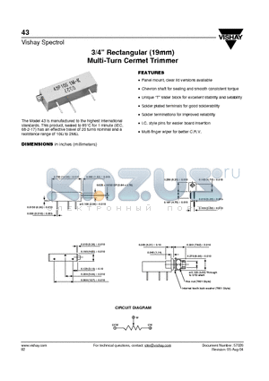 M43P103KB40 datasheet - 3/4 Rectangular (19mm) Multi-Turn Cermet Trimmer