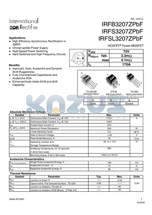 IRFSL3207ZPBF datasheet - HEXFET Power MOSFET