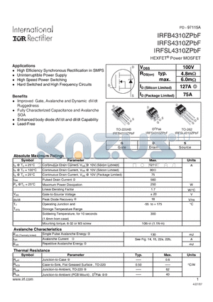 IRFSL4310ZPBF datasheet - HEXFET Power MOSFET