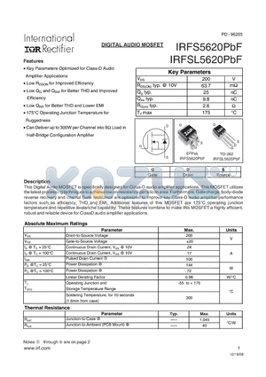 IRFSL5620PBF datasheet - DIGITAL AUDIO MOSFET