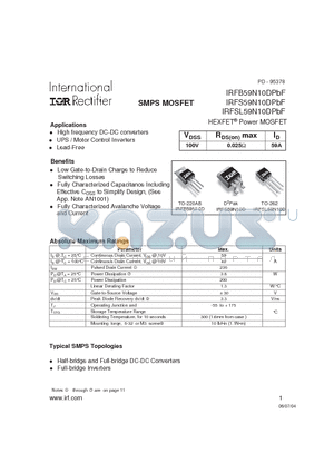 IRFSL59N10DPBF datasheet - HEXFET Power MOSFET