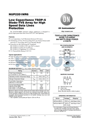 NUP2201MR6 datasheet - Low Capacitance TSOP−6 Diode−TVS Array for High Speed Data Lines Protection