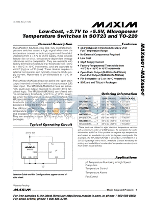 MAX6501CMN005 datasheet - Low-Cost, 2.7V to 5.5V, Micropower Temperature Switches in SOT23 and TO-220