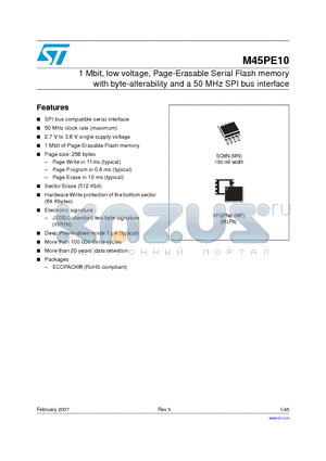M45PE10 datasheet - 1 Mbit, low voltage, Page-Erasable Serial Flash memory with byte-alterability and a 50 MHz SPI bus interface