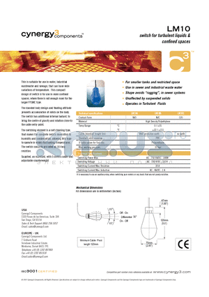 LM10 datasheet - switch for turbulent liquids & confined spaces