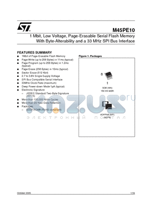 M45PE10-VMN6TP datasheet - 1 Mbit, Low Voltage, Page-Erasable Serial Flash Memory With Byte-Alterability and a 25 MHz SPI Bus Interface