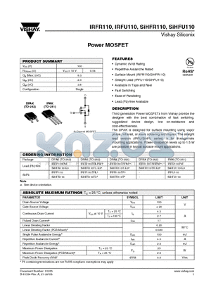 IRFU110PBF datasheet - Power MOSFET