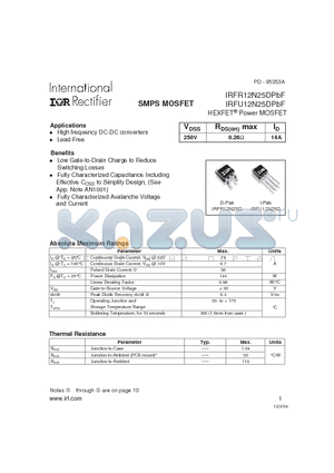 IRFU12N25DPBF datasheet - HEXFET Power MOSFET ( VDSS = 250V , RDS(on)max = 0.26Y , ID = 14A )