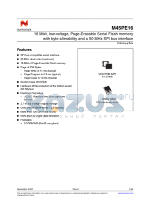 M45PE16-VMW6G datasheet - 16 Mbit, low-voltage, Page-Erasable Serial Flash memory with byte alterability and a 50 MHz SPI bus interface