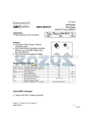 IRFU220N datasheet - Power MOSFET(Vdss=200V, Rds(on)max=600mohm, Id=5.0A)
