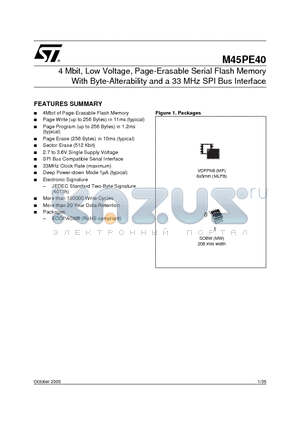 M45PE40-VMP6G datasheet - 4 Mbit, Low Voltage, Page-Erasable Serial Flash Memory With Byte-Alterability and a 33 MHz SPI Bus Interface