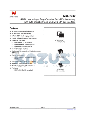 M45PE40-VMP6TP datasheet - 4 Mbit, low voltage, Page-Erasable Serial Flash memory with byte-alterability and a 50 MHz SPI bus interface