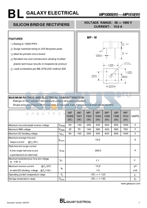 MP15005W datasheet - SILICON BRIDGE RECTIFIERS