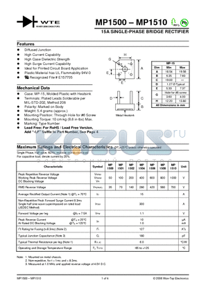 MP1501 datasheet - 15A SINGLE-PHASE BRIDGE RECTIFIER