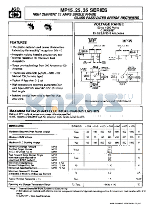 MP1501G datasheet - HIGH CURRENT 15 AMPS SINGLE PHASE GLASS PASSIVATED BRIDGE RECTIFIERS