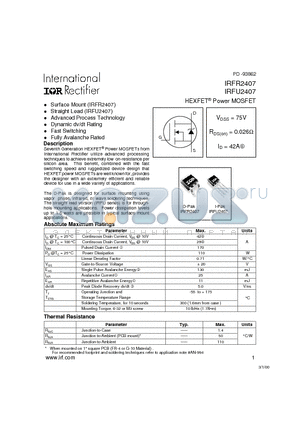 IRFU2407 datasheet - Power MOSFET(Vdss=75V, Rds(on)=0.026ohm, Id=42A)