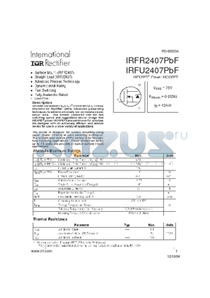 IRFU2407PBF datasheet - HEXFET^Power MOSFET