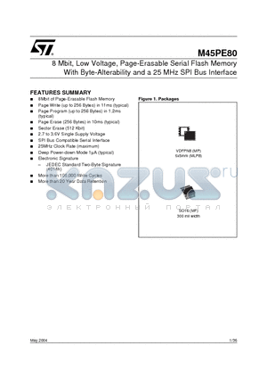 M45PE80 datasheet - 8 Mbit, Low Voltage, Page-Erasable Serial Flash Memory With Byte-Alterability and a 25 MHz SPI Bus Interface