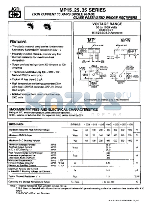 MP1502G datasheet - HIGH CURRENT 15 AMPS SINGLE PHASE GLASS PASSIVATED BRIDGE RECTIFIERS