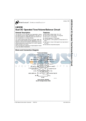 LM1036 datasheet - Dual DC Operated Tone/Volume/Balance Circuit