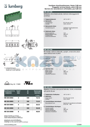 ME020-508 datasheet - Steckbare Anschlussklemmen, Raster 5,08 mm