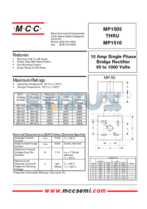 MP1505 datasheet - 15 Amp Single Phase Bridge Rectifier 50 to 1000 Volts