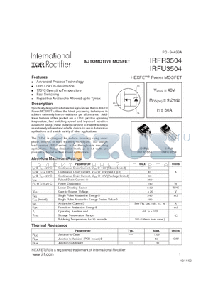 IRFU3504 datasheet - AUTOMOTIVE MOSFET