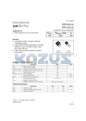 IRFU3518 datasheet - HEXFET Power MOSFET