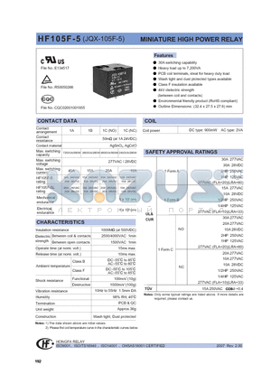 HF105F-5005DT1DXXX datasheet - MINIATURE HIGH POWER RELAY