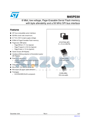 M45PE80-VMW6TP datasheet - 8 Mbit, low voltage, Page-Erasable Serial Flash memory with byte alterability and a 50 MHz SPI bus interface