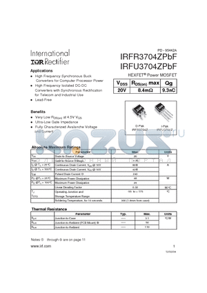 IRFU3704ZPBF datasheet - HEXFET Power MOSFET